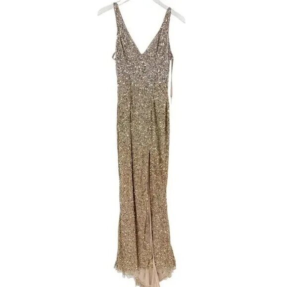 NWT MAC DUGGAL Dress 0 Evening Gown Sequin Ombre Gold Silver V Neck Slit #7968 - Picture 3 of 12